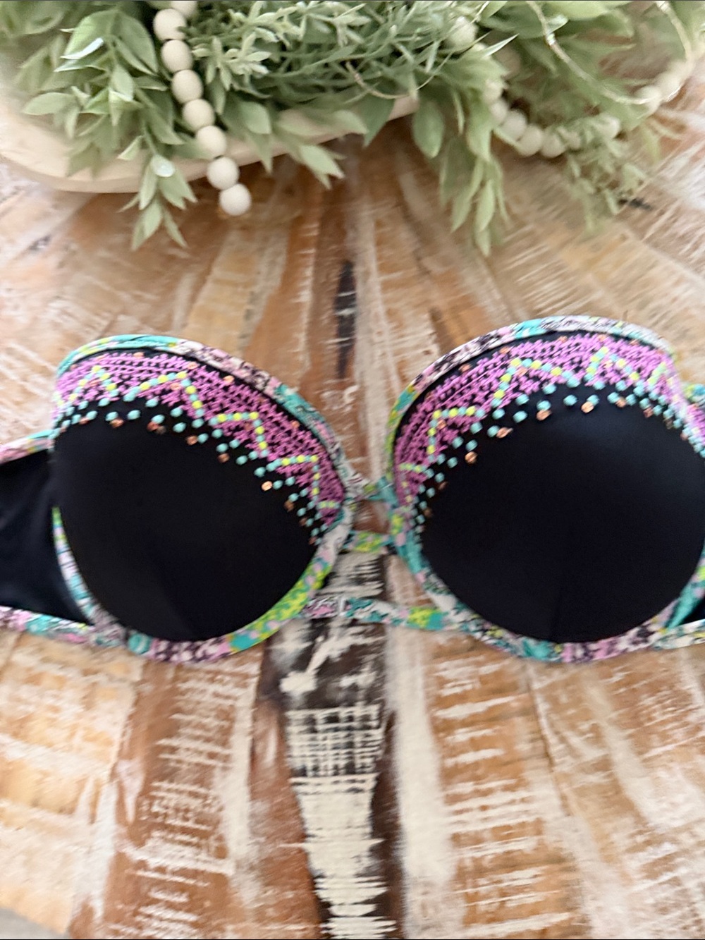 Victoria's Secret Black Bikini Top with Multicolor Trim
